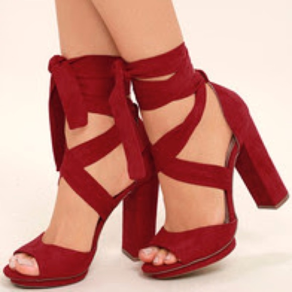 Dark Red Suede Lace-up Platform Heels. Never worn.